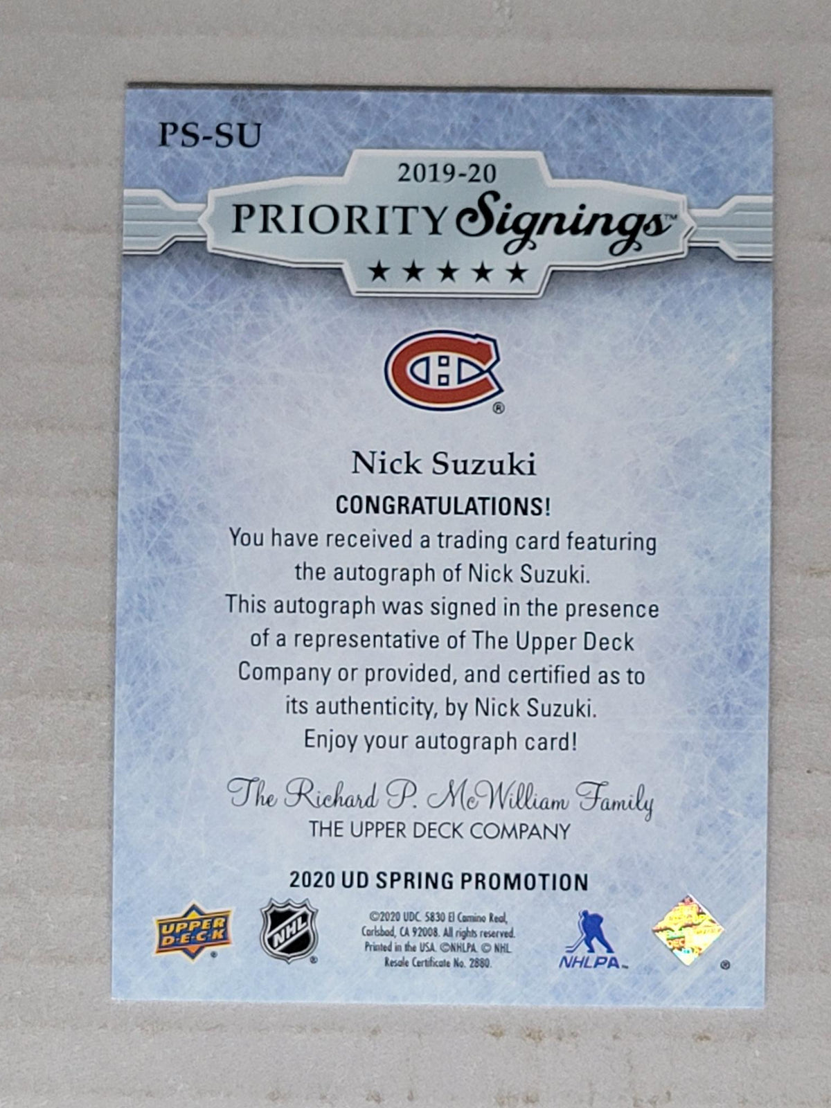 2020 UD Parkhurst Spring Promotion Nick Suzuki 21/50 Priority Signings