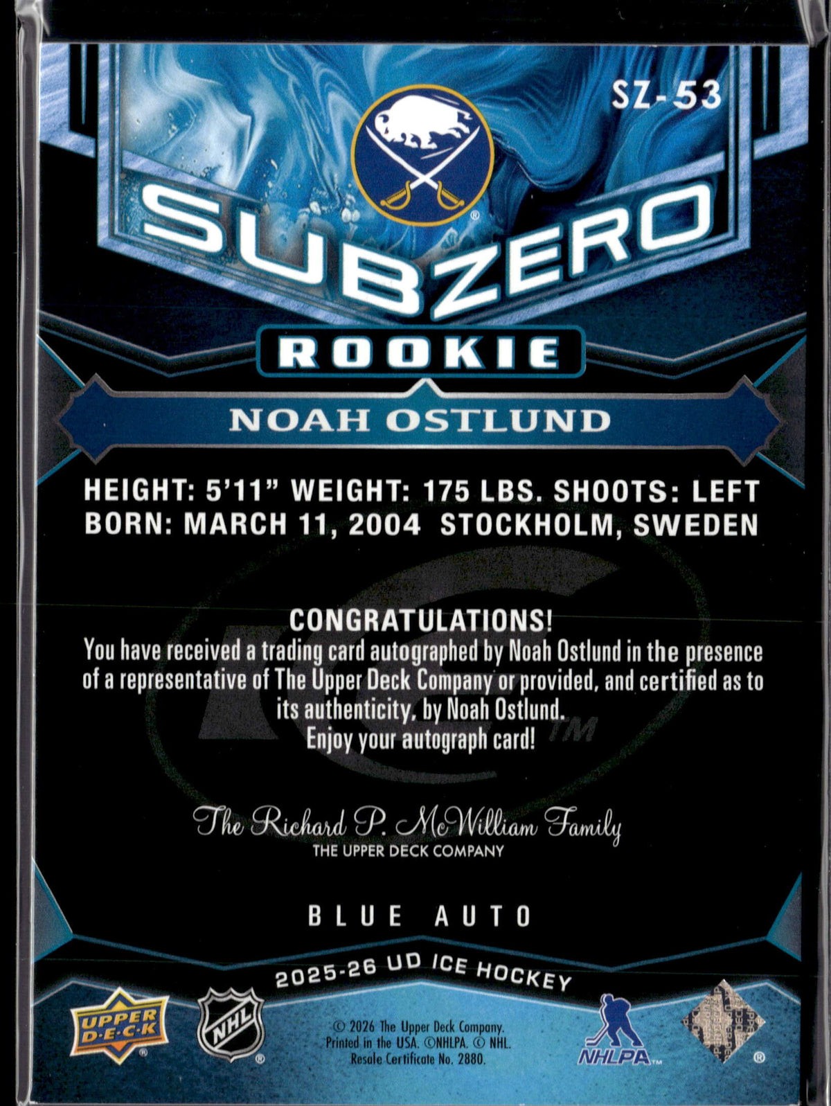 2025-26 Upper Deck Ice Rookie Sub Zero Blue Auto Noah Ostlund