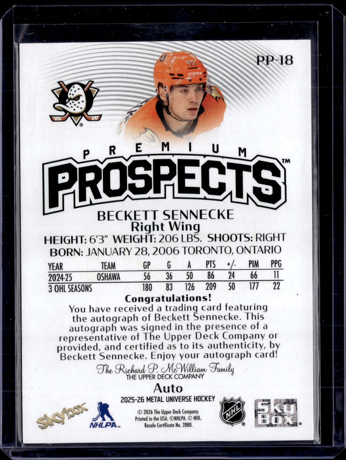 2025-26 Metal Universe Premium Prospect Auto Rookie Beckett Sennecke