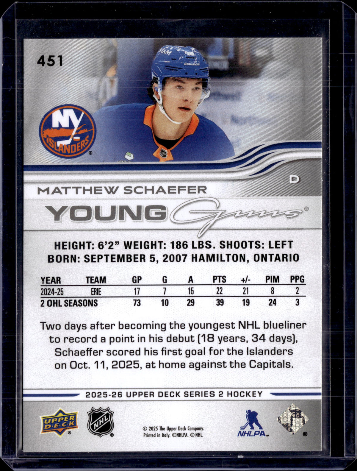 2025-26 Upper Deck Young Guns Matthew Schaefer #451 (E)