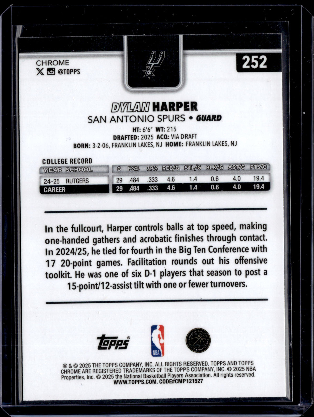 2025 Topps Chrome Orange Basketball Parallel Dylan Harper Rookie