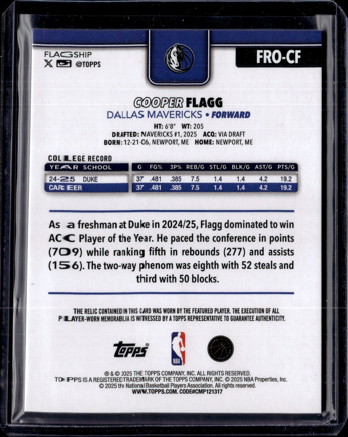 2025-26 Topps Cooper Flagg #FRO-CF Rookie Patch RC