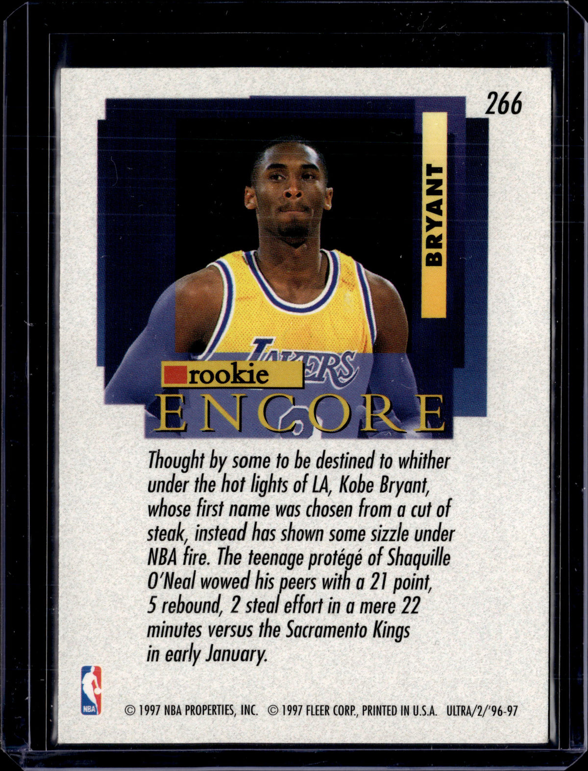 1996-97 Fleer Ultra Kobe Bryant Lakers Encore Rookie Card 266