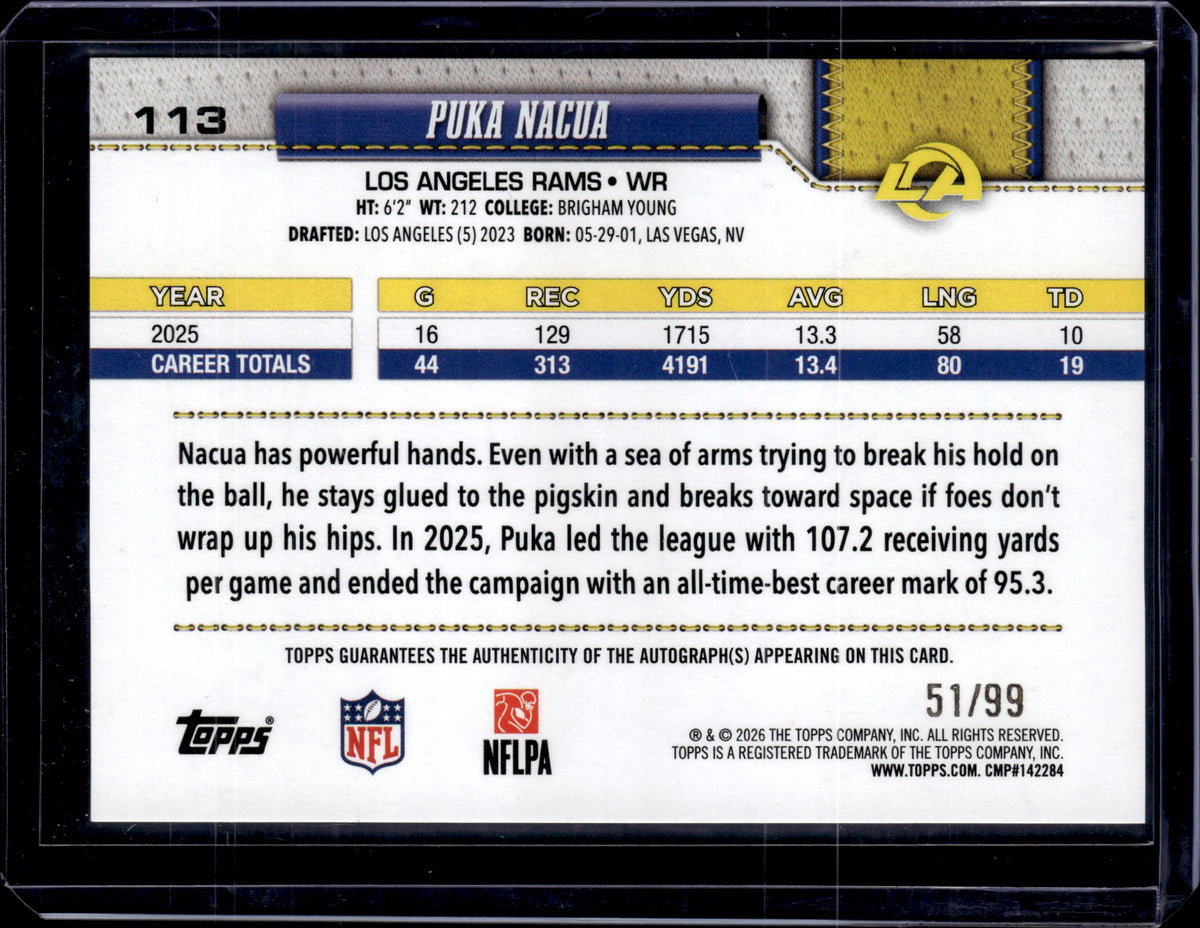 Topps 2026 Puka Nacua Auto #113 Green Rainbow Foil /99