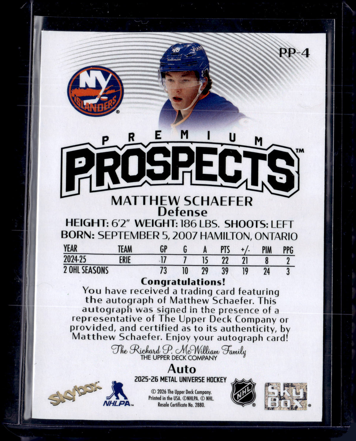 2025-26 Metal Universe Hockey Premium Prospects Matthew Schaefer Rookie RC Auto