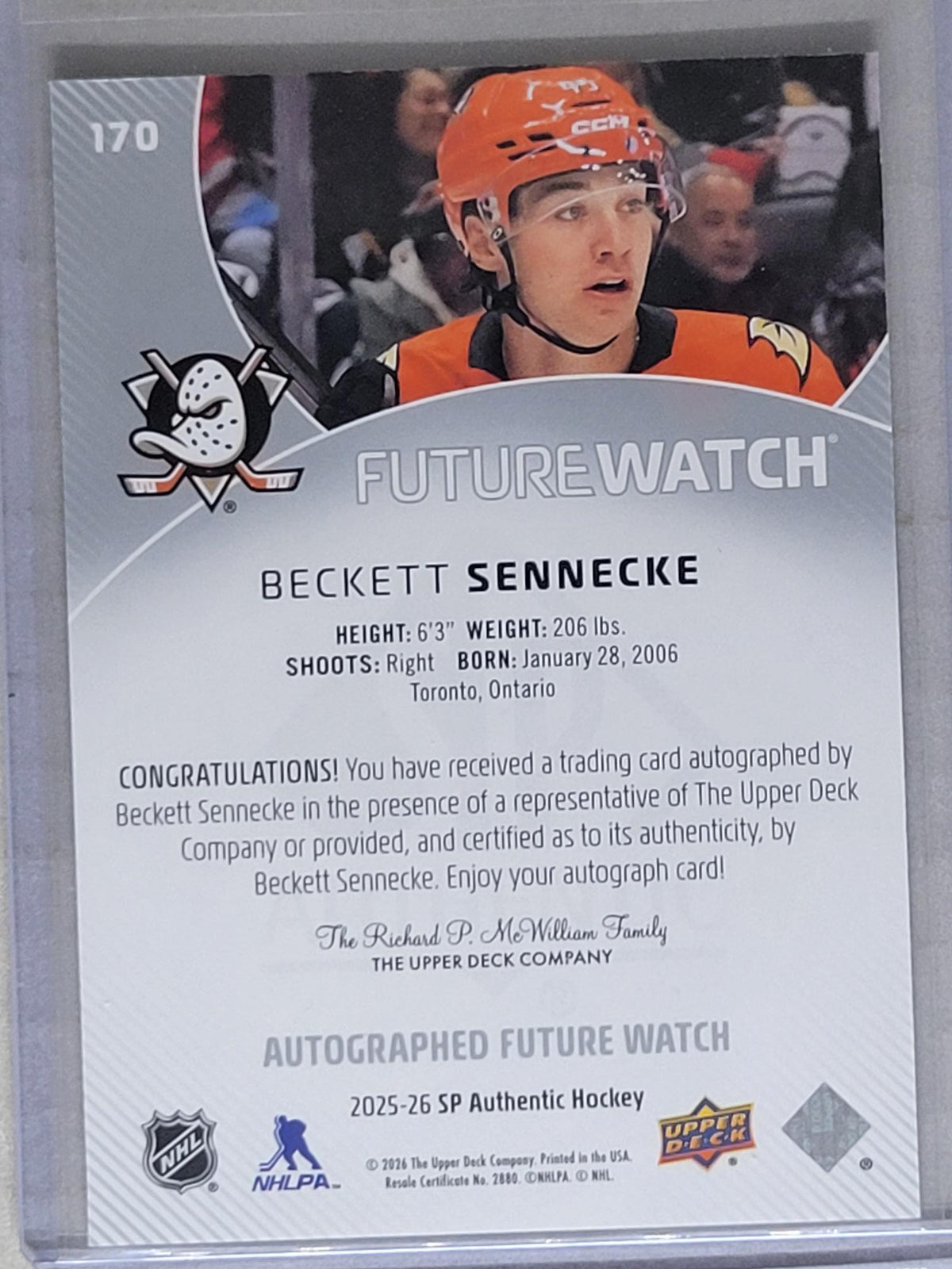 2025-26 SP Authentic Future Watch Auto Horizontal Beckett Sennecke /199