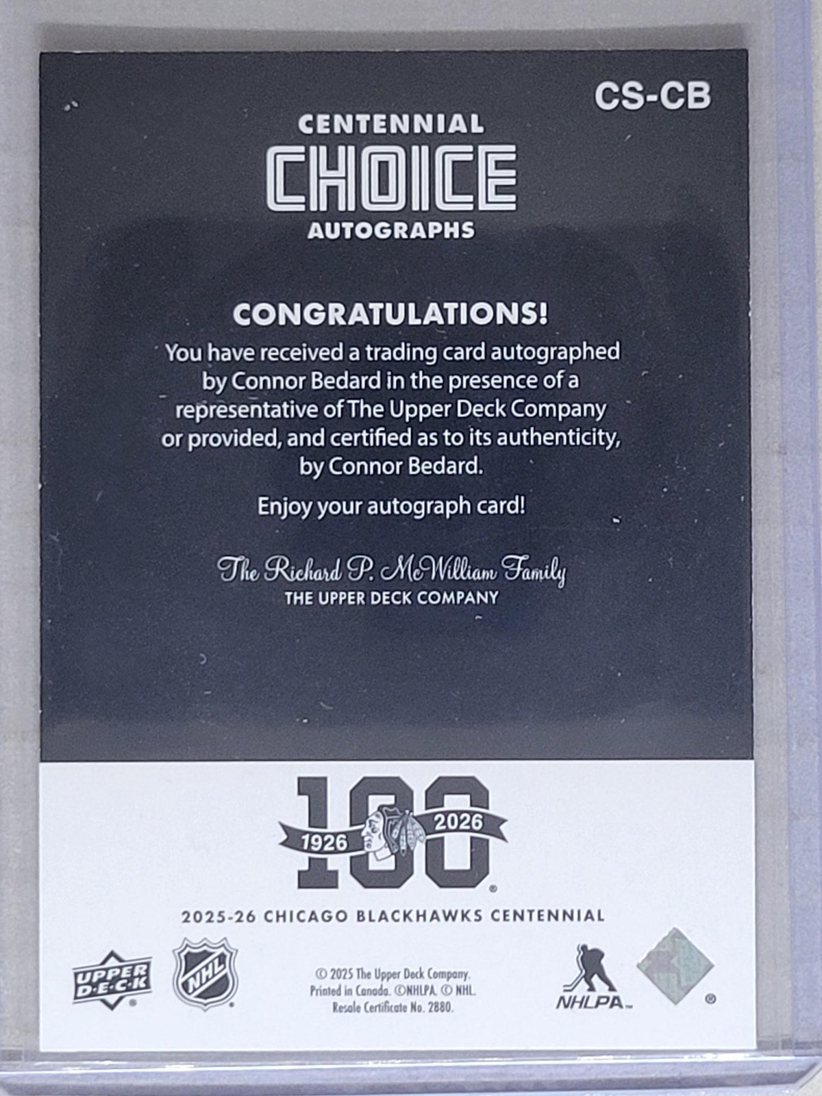 2025-26 Upper Deck Chicago Blackhawks Centennial Choice Auto Connor Bedard