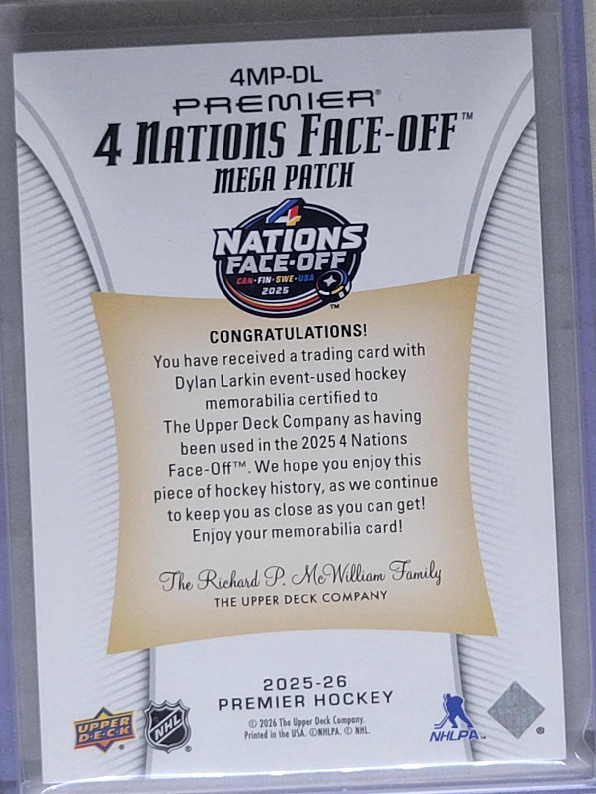 2025 UPPER DECK PREMIER DYLAN LARKIN FOUR NATIONS FACE OFF MEGA PATCHES /30