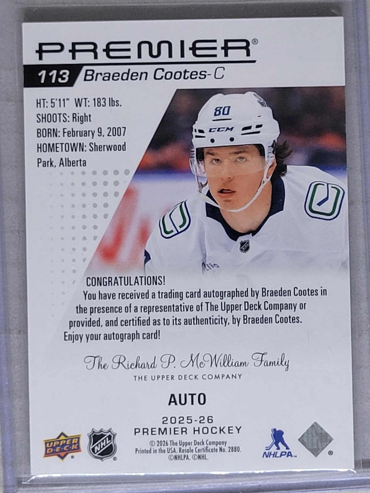 2025 UPPER DECK PREMIER #113 BRAEDEN COOTES AUTO PARALLEL RC ROOKIE