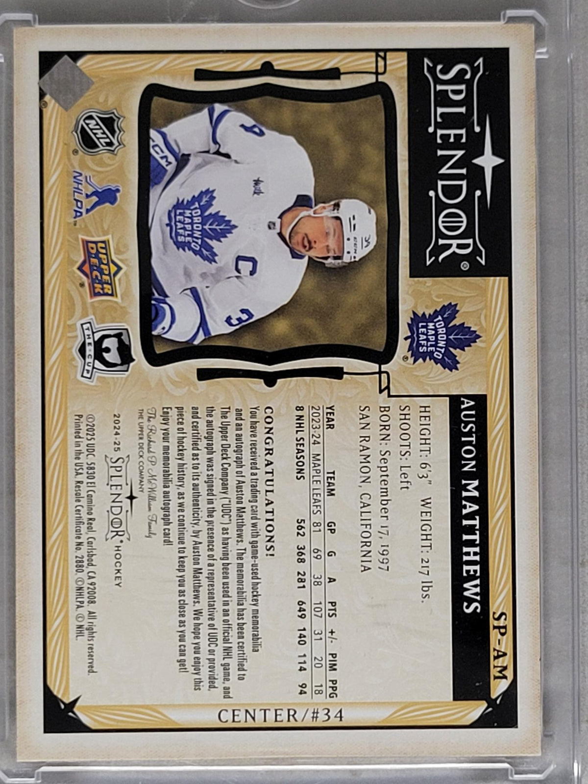 2024-25 Upper Deck The Cup Splendor Auto Relic Auston Matthews /36 #SP-AM