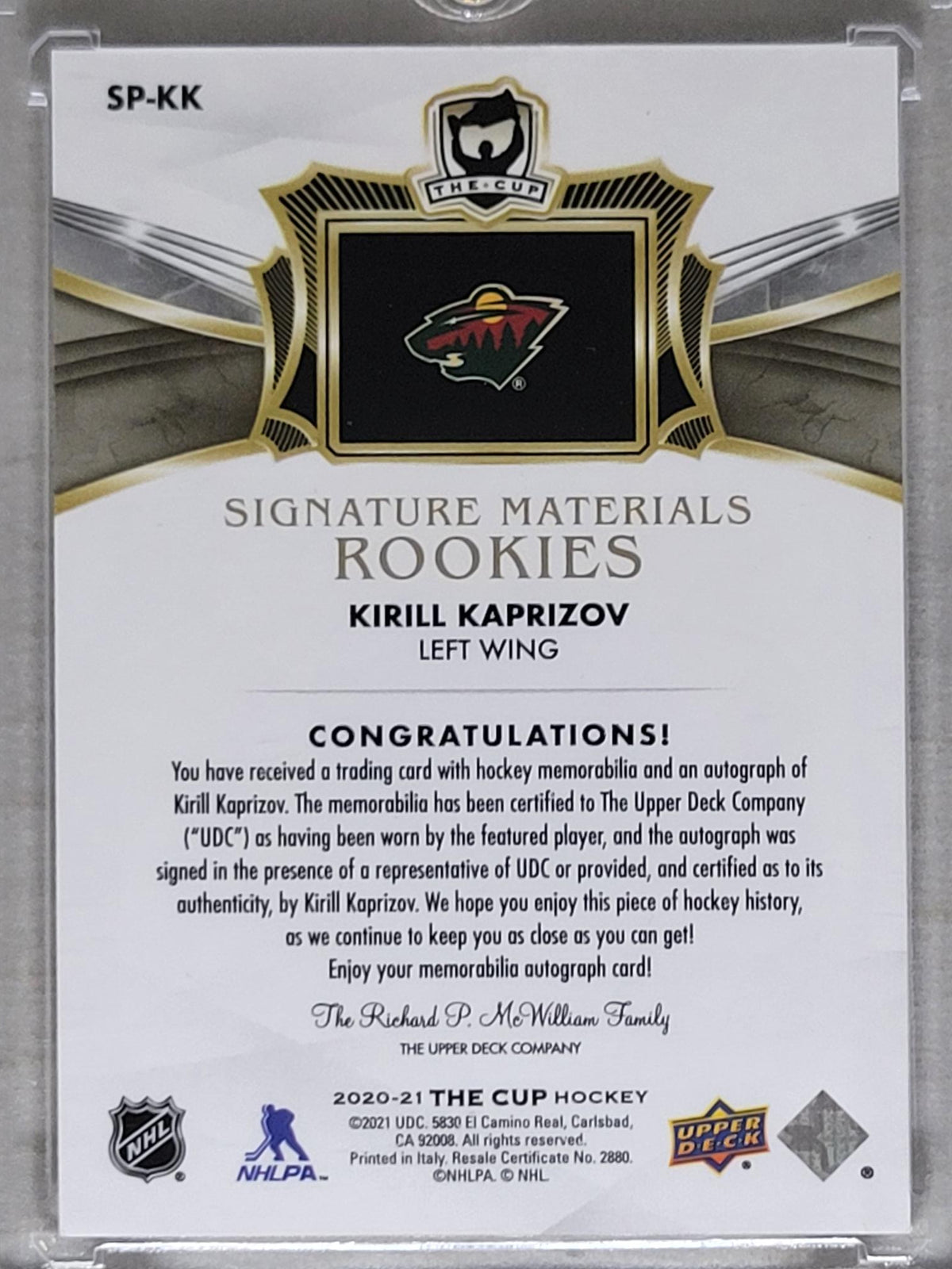 2020-21 THE CUP Signature Materials Rookie #SP-KK Kirill Kaprizov  /99