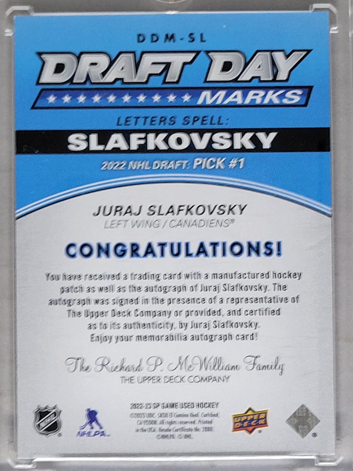 2022-23 Upper Deck SP Game Used Draft Day Marks "V" Juraj Slafkovsky /35