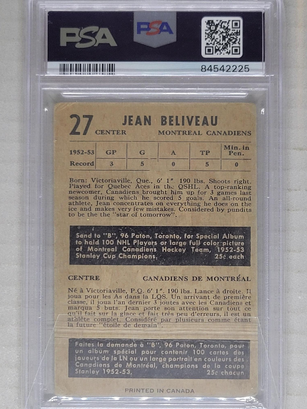 1953-54 Parkhurst # 27 Jean Beliveau RC PSA 2