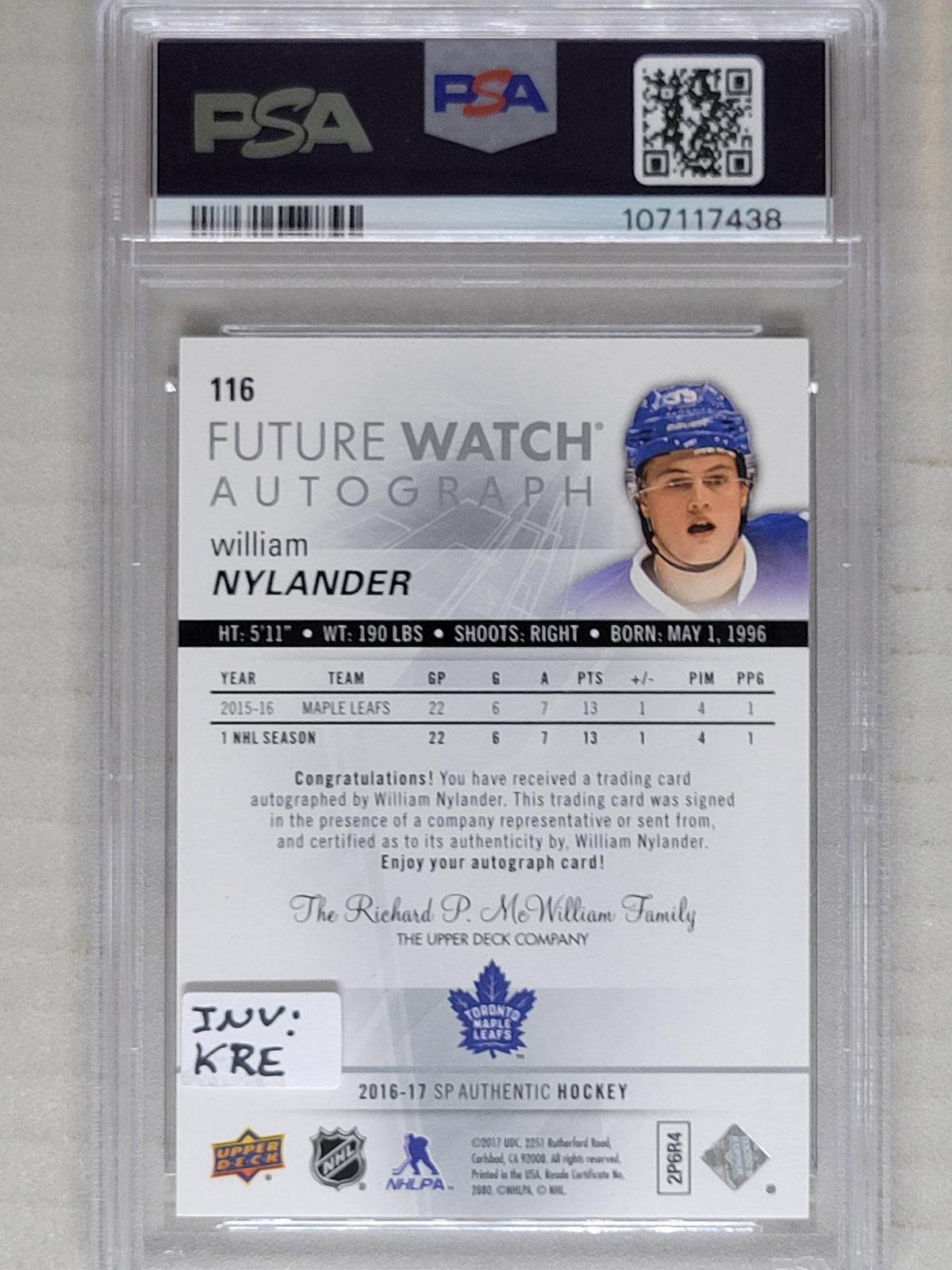 2016-17 SP Authentic Future Watch Auto #116 William Nylander /999 PSA 10