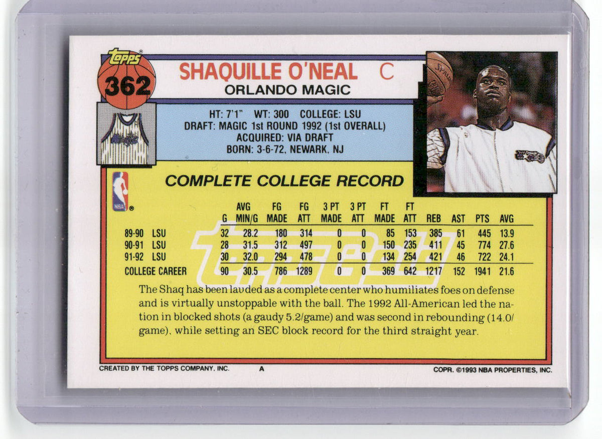 Shaquille O'Neal 1992-93 Topps #362 Gold Rookie Orlando Magic RC