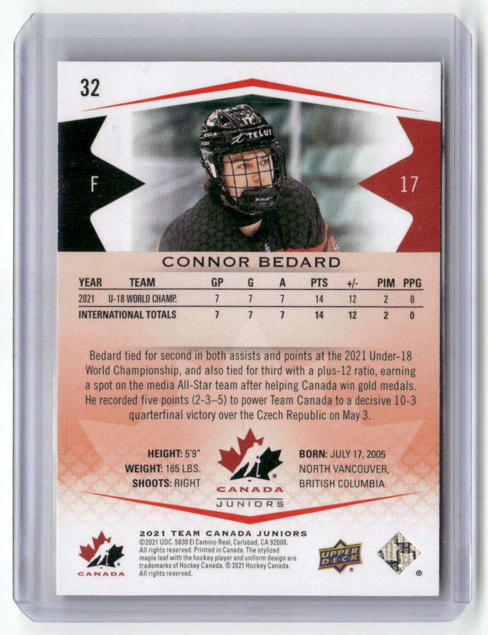 2021 UPPER DECK TEAM CANADA JUNIORS #32 CONNOR BEDARD RED EXCLUSIVES /250