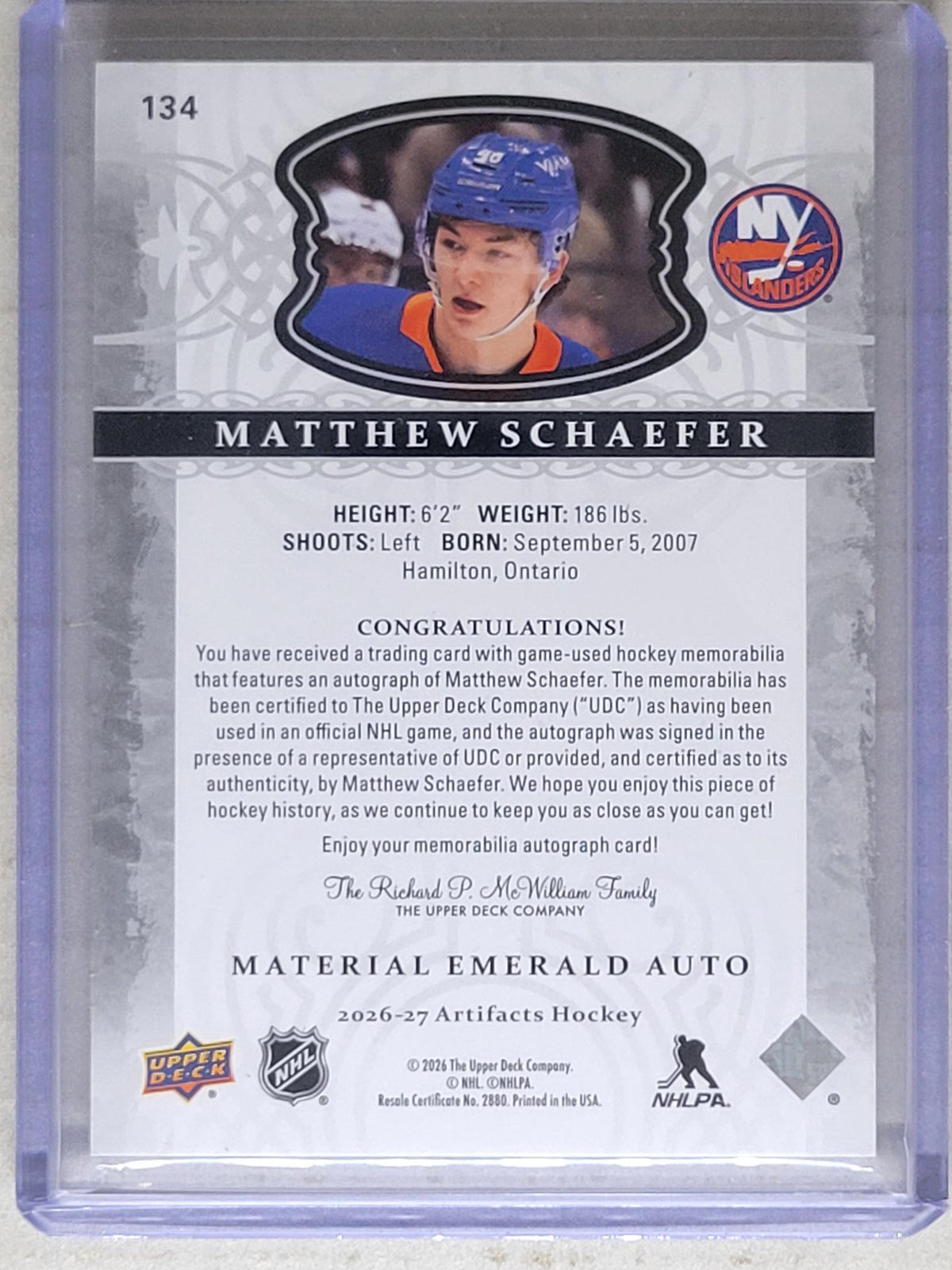 2026-27 UD Artifacts Matthew Schaefer Material Emerald Auto /15
