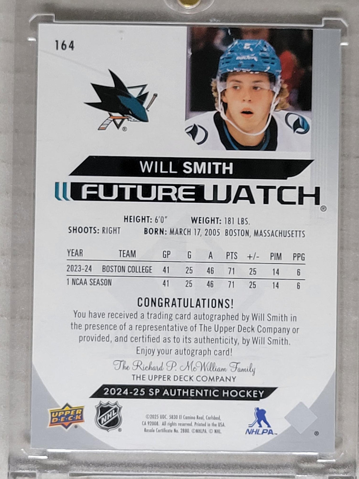 2024 UPPER DECK SP AUTHENTIC #164 WILL SMITH FUTURE WATCH AUTO RC ROOKIE /999