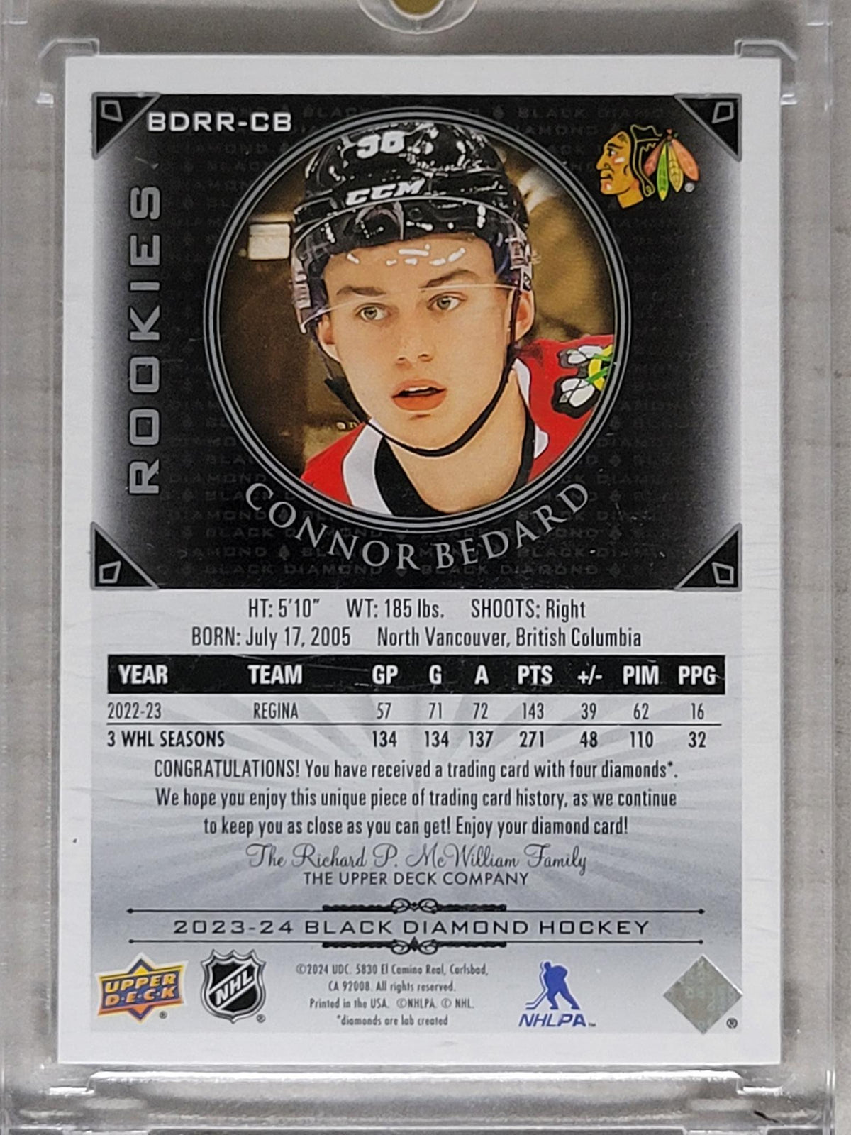2023-24 UPPER DECK CONNOR BEDARD ROOKIE BLACK DIAMOND QUAD DIAMOND RELIC /99
