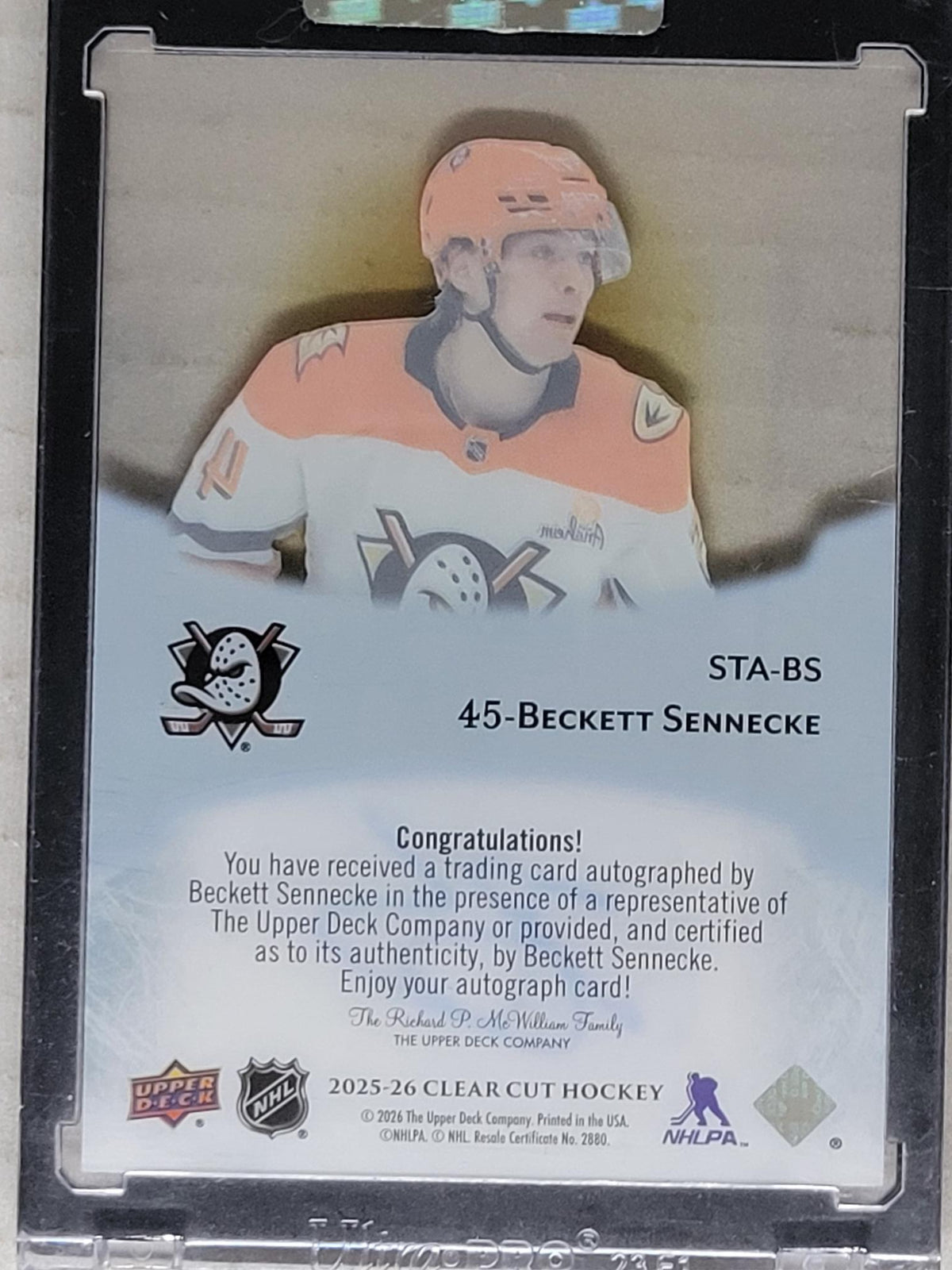 2025-26 Upper Deck Clear Cut Sign Of The Times Auto Beckett Sennecke Rookie Auto