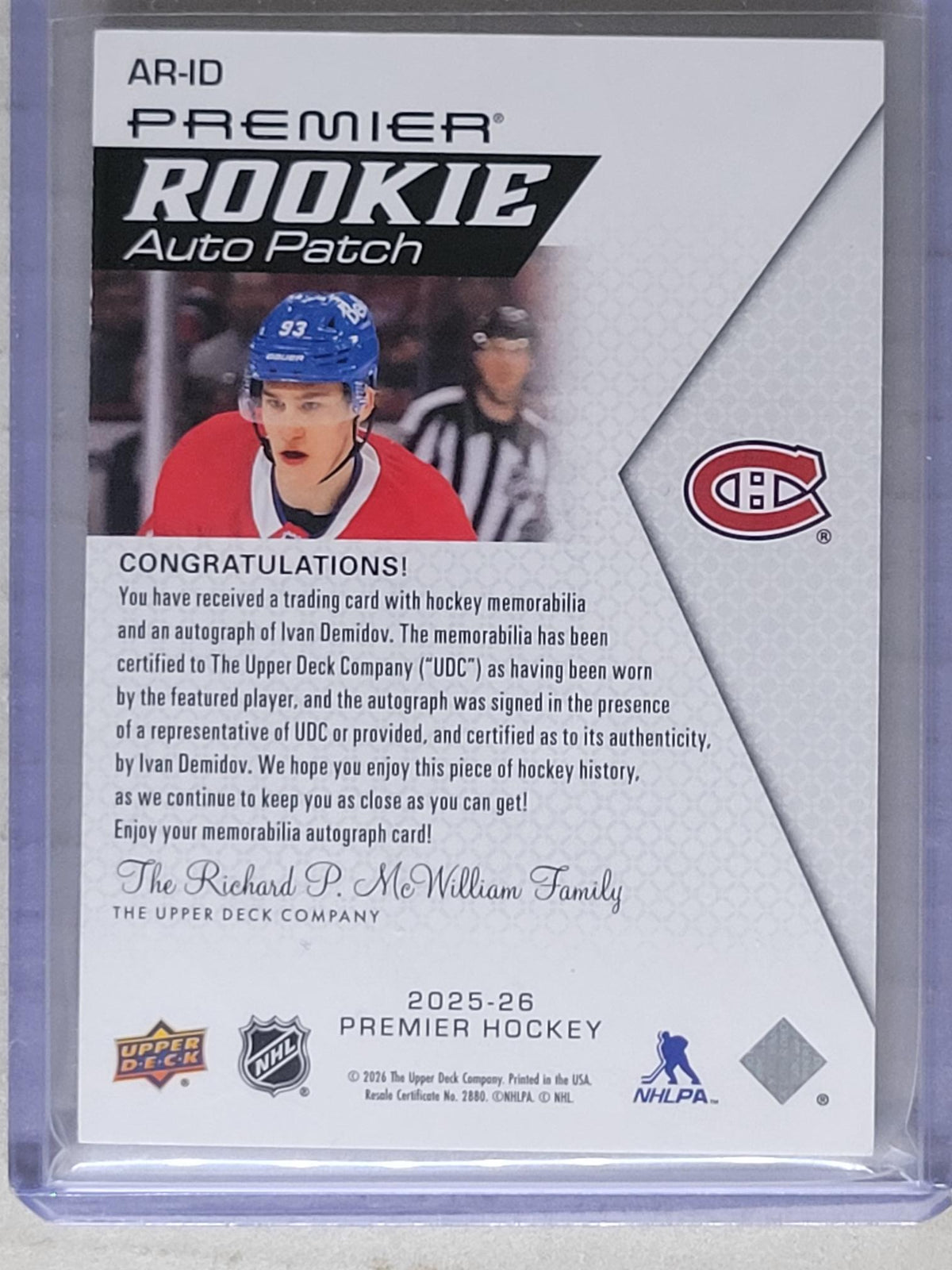 2025 UPPER DECK PREMIER #AR-ID IVAN DEMIDOV ACETATE ROOKIE PATCH AUTO RC /99