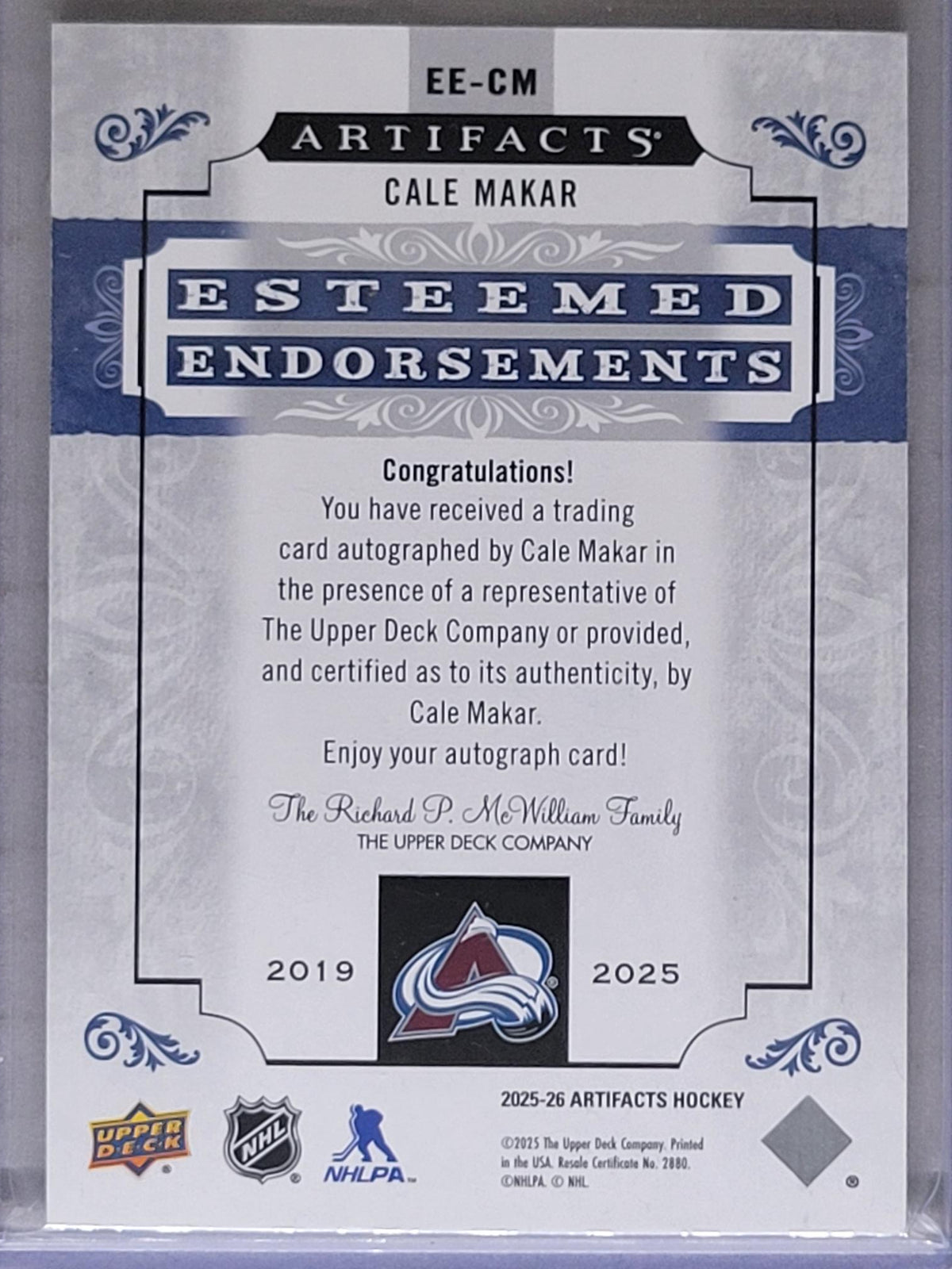 2025-26 Cale Makar Esteemed Endorsements Auto /28
