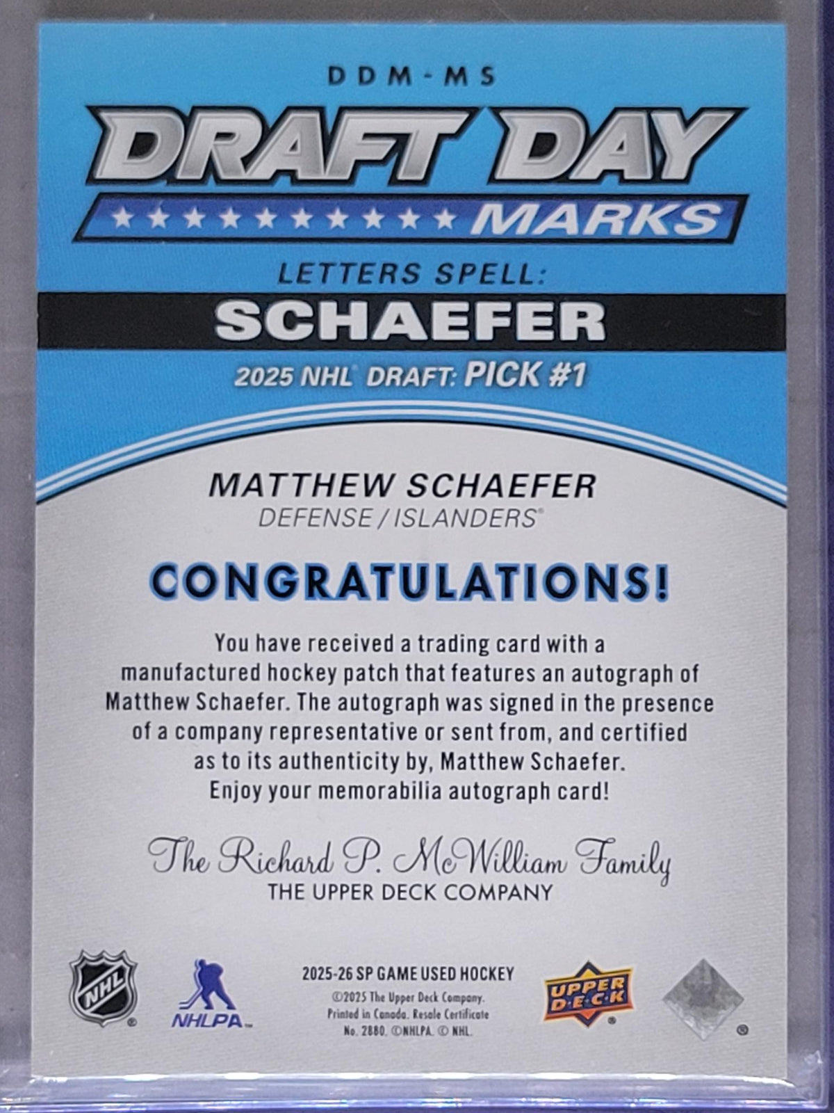 2025-26 SP GAME USED MATTHEW SCHAEFER AUTO DRAFT DAY MARKS DDM “E” /35 ROOKIE