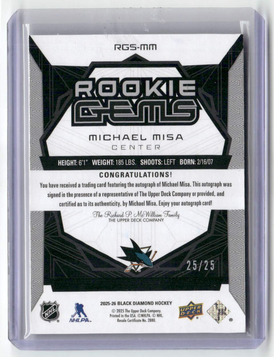 Michael Misa 2025-26 Black Diamond Rookie Gems Signature /25