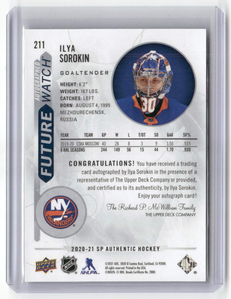 2020-21 SP Authentic Ilya Sorokin Future Watch Auto RC /999 #211