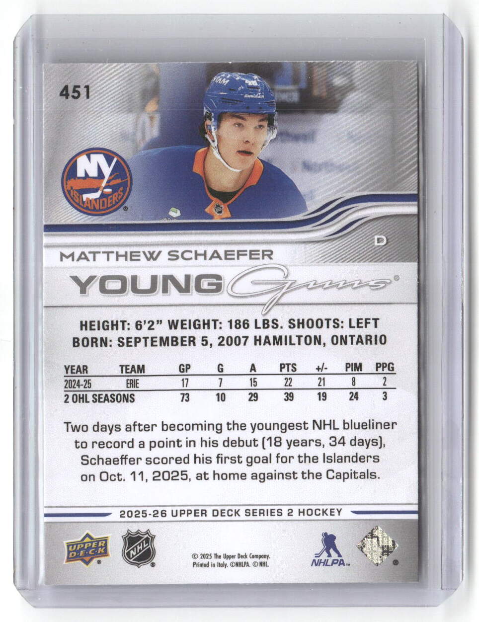 2025-26 Upper Deck Matthew Schaefer Young Guns Rookie RC #451