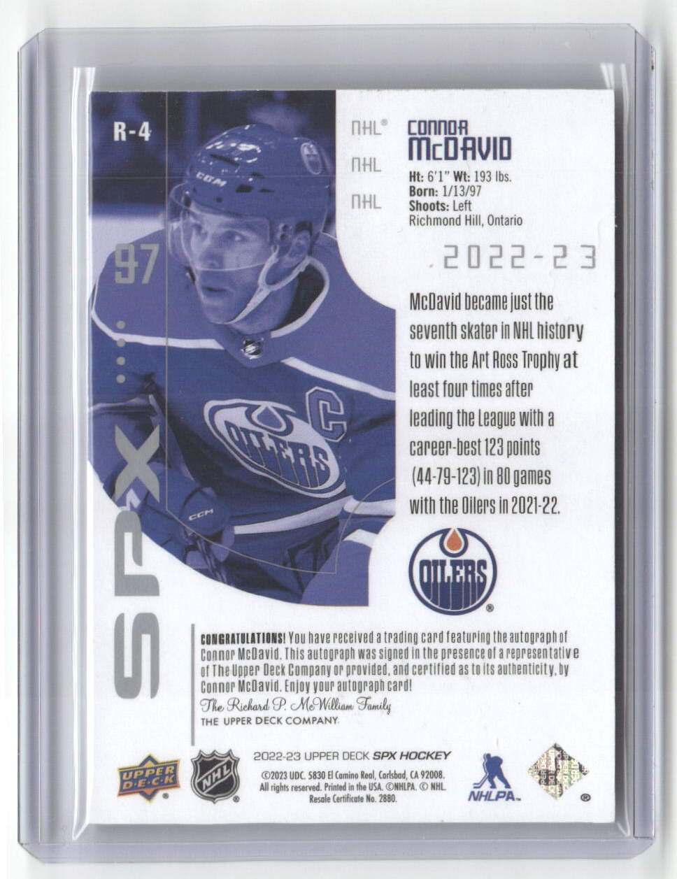 2022-23 UD SPX Connor McDavid Auto