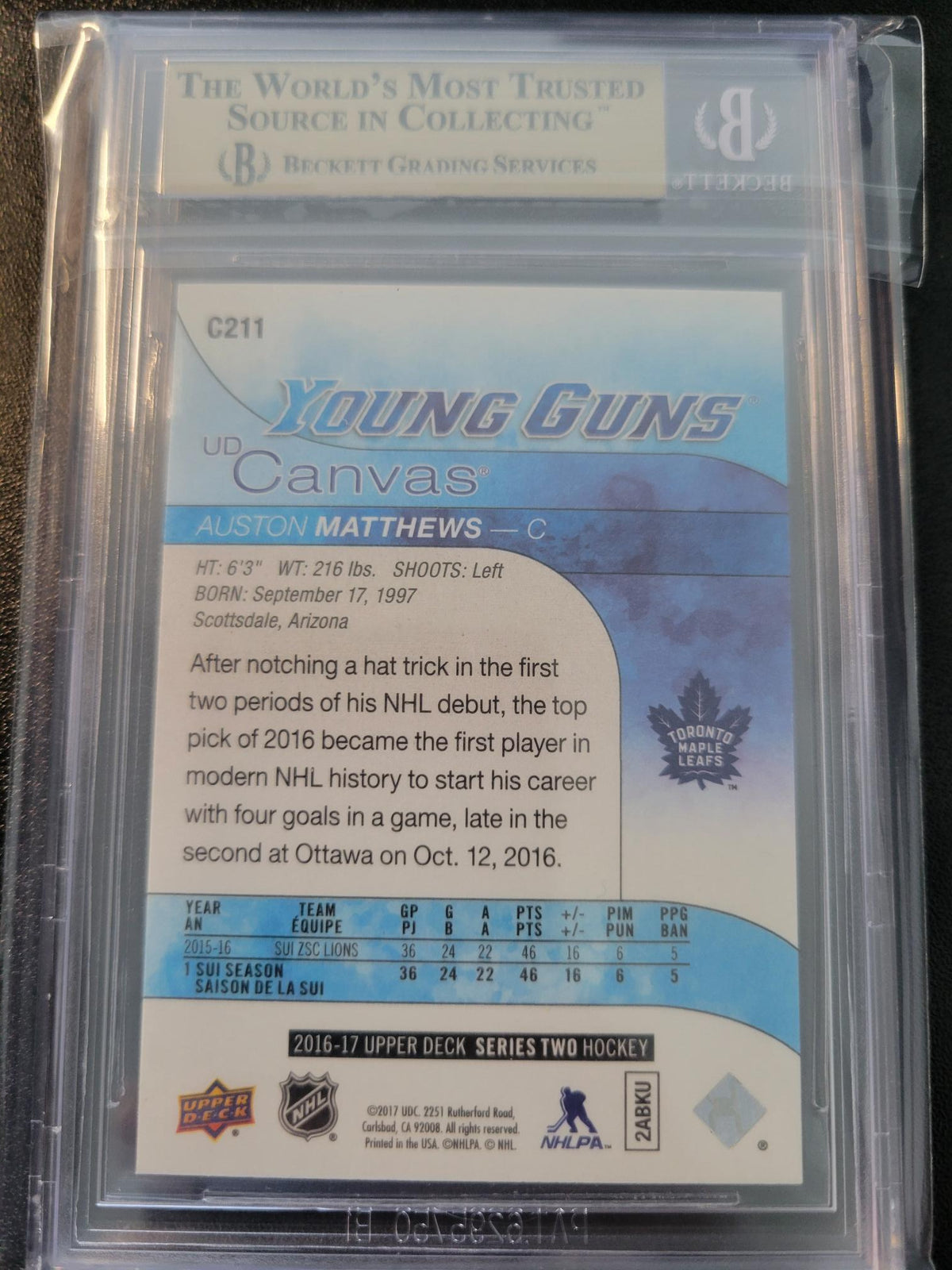 2016-17 Ud Canvas Young Gun Auston Matthews BGS10 #C211