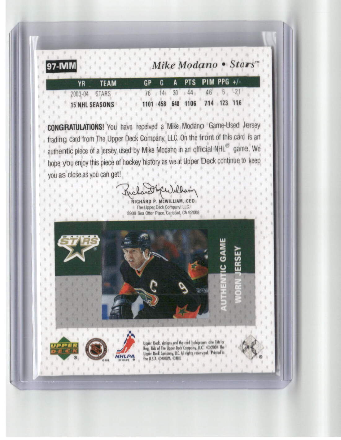 2004 UD Mike Modano Authentic Game Used Patch