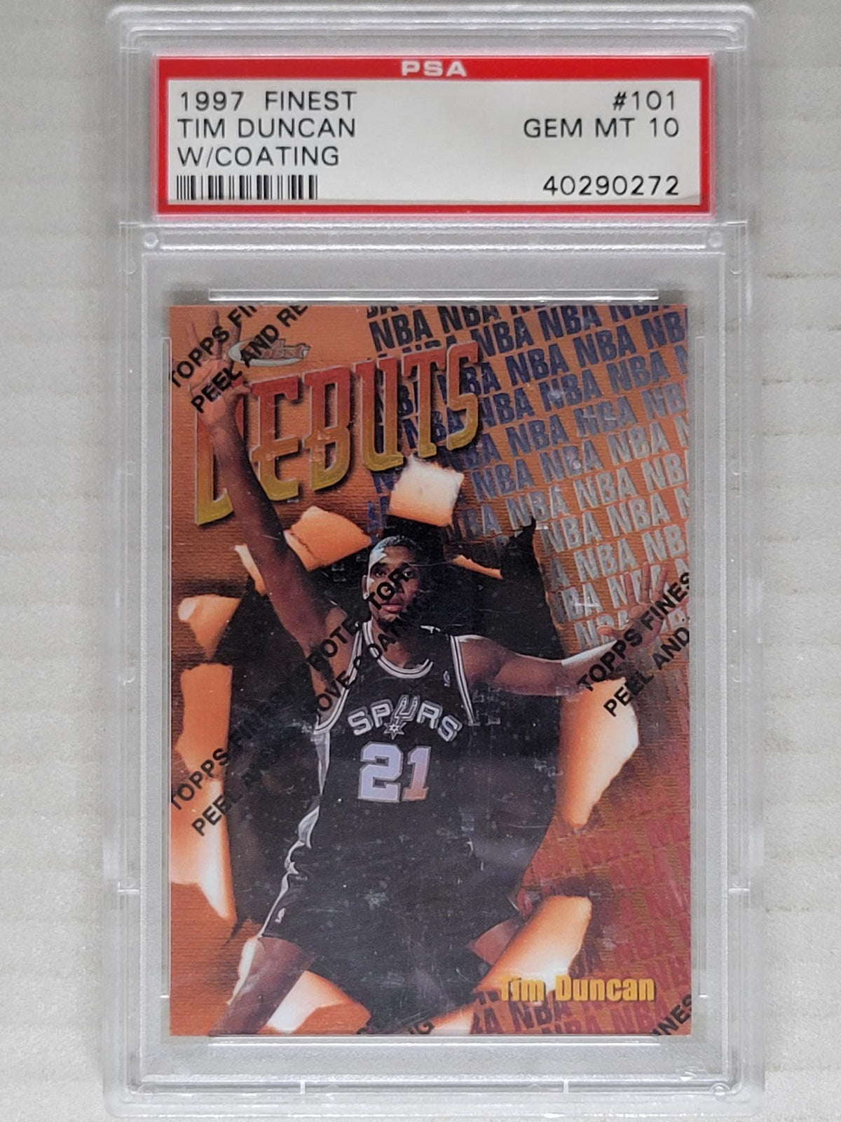 1997 Topps Finest Debuts Tim Duncan #101 Rookie Bronze Base w/Coating PSA 10