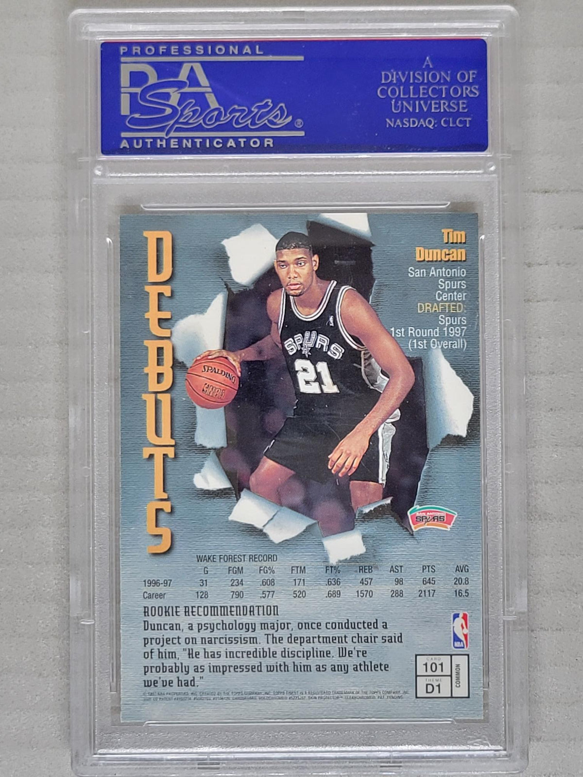 1997 Topps Finest Debuts Tim Duncan #101 Rookie Bronze Base w/Coating PSA 10