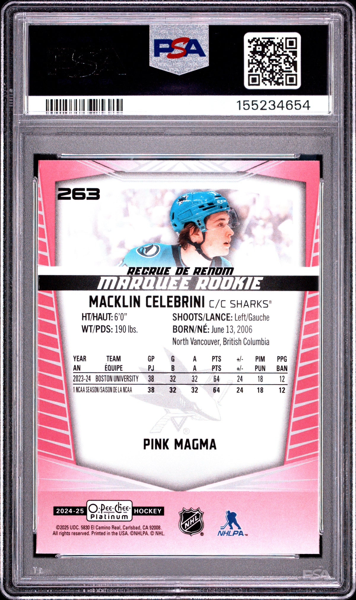 2024-25 Upper Deck O-Pee-Chee Platinum Pink Magma Macklin Celebrini #263 PSA 10