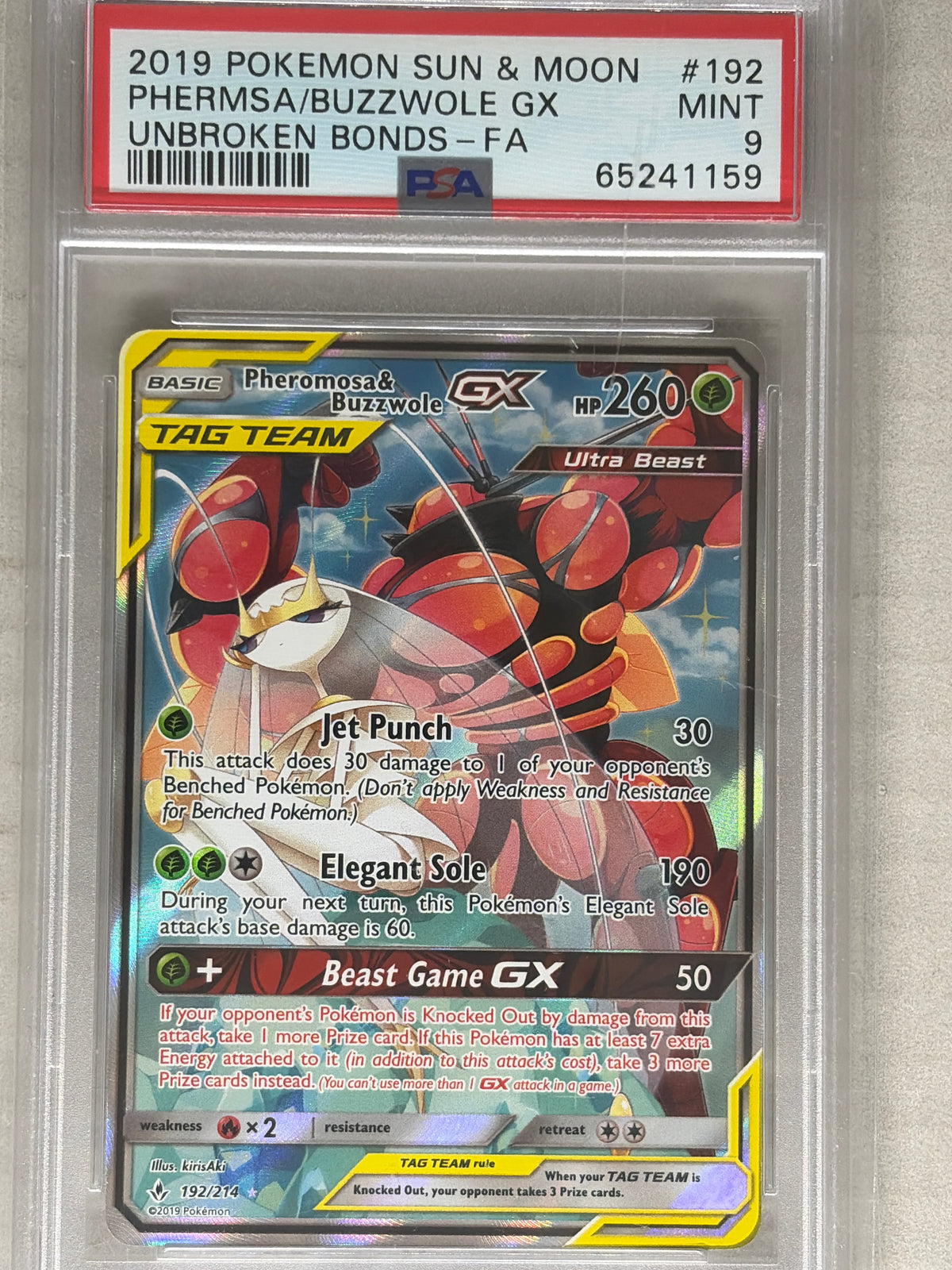 2019 Pokemon Sun & Moon Unbroken Bonds Full Art / Pheromosa & Buzzwole Gx #192 PSA 9