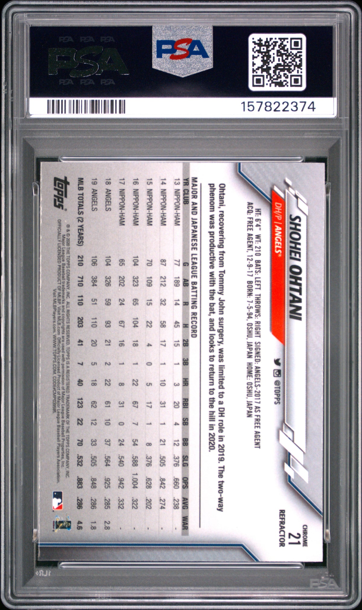 2020 Topps Chrome Refractor Shohei Ohtani #21 PSA 9