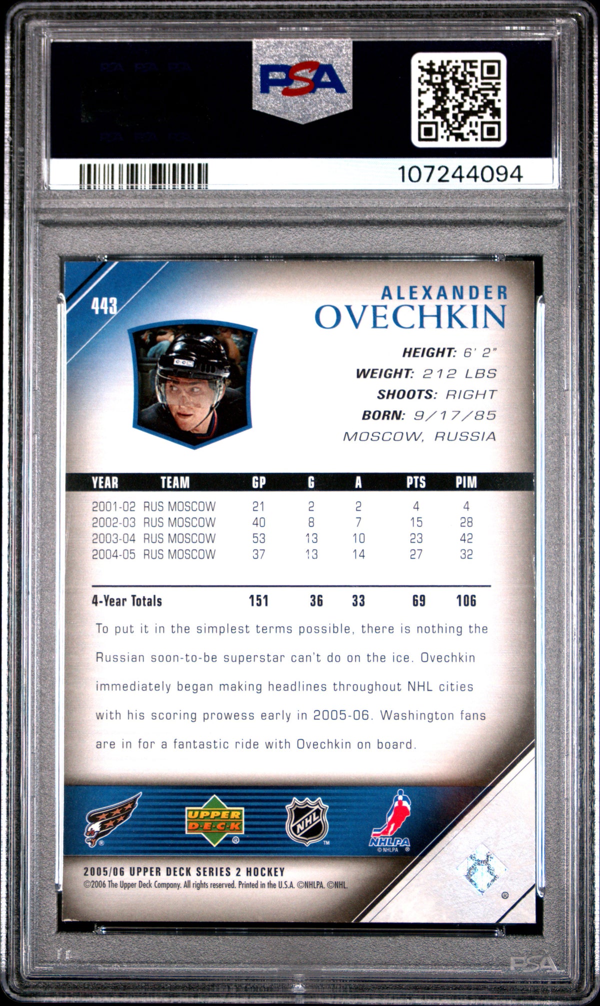 2005-06 Upper Deck Series 2 Alex Ovechkin Young guns PSA 8