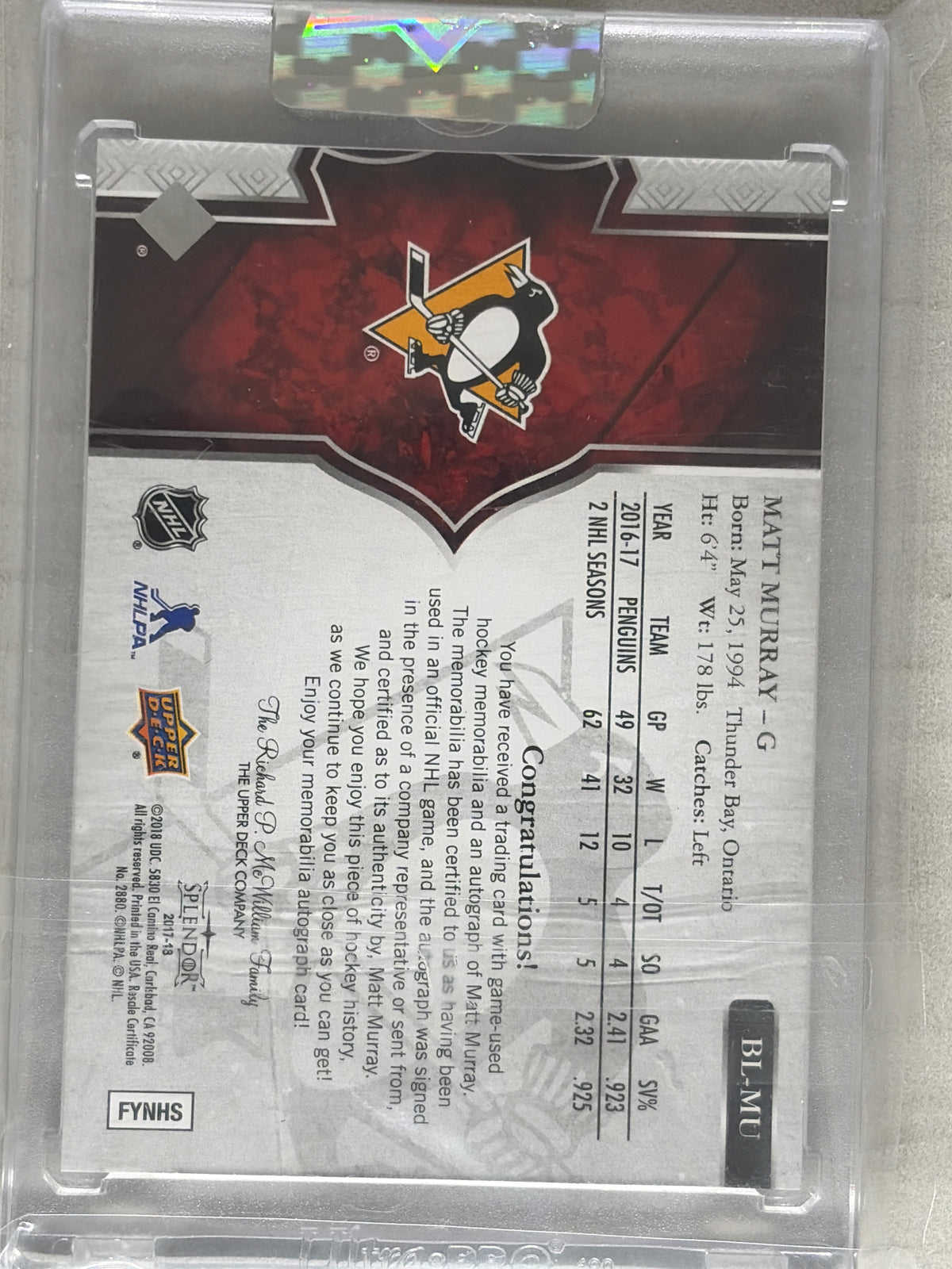 2017-18 Upper Deck Splendor Matt Murray Patch Auto /11