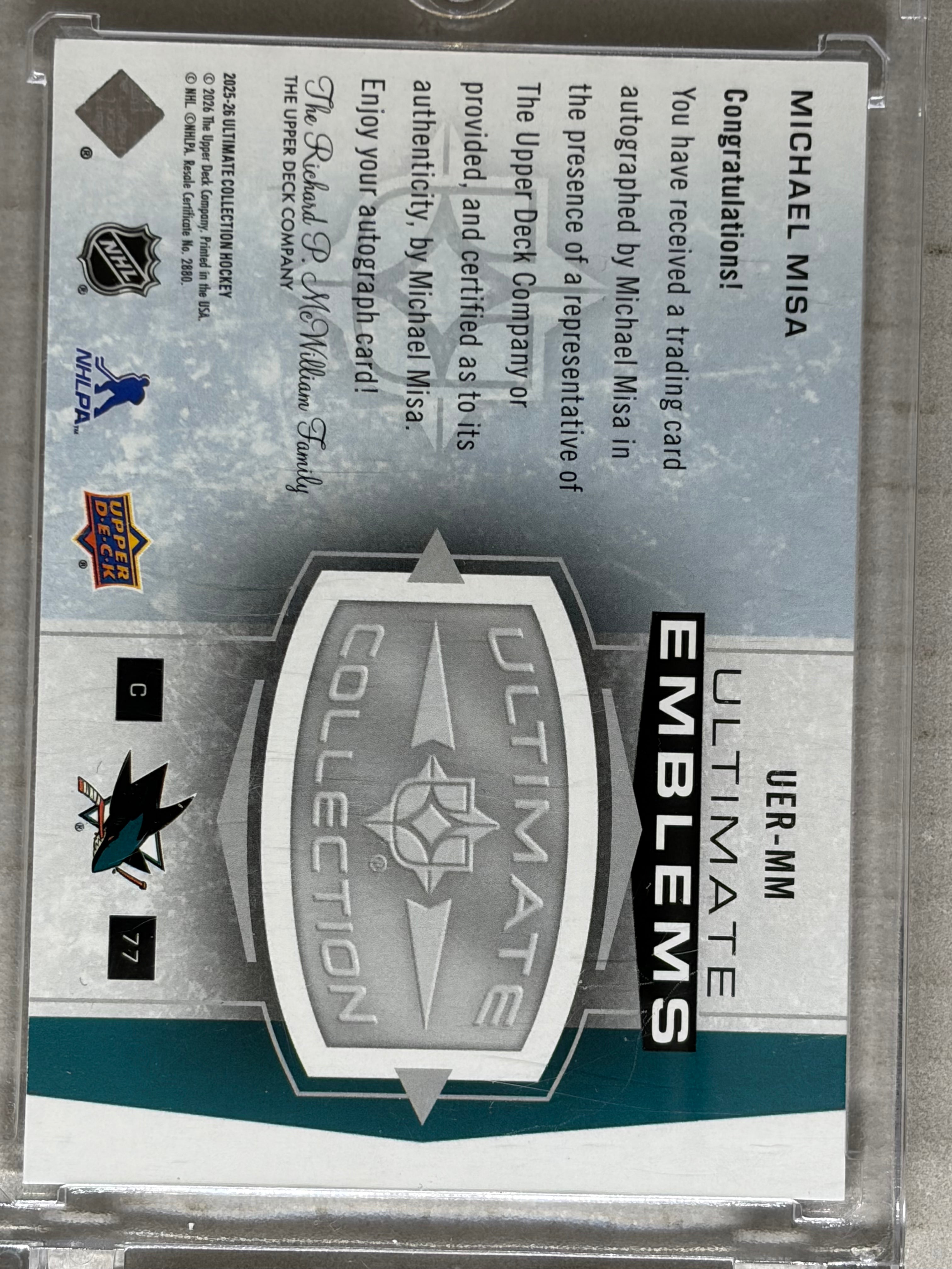 2025-26 UD Ultimate Emblems Michael Misa RC Auto Gold #UER-MM /99