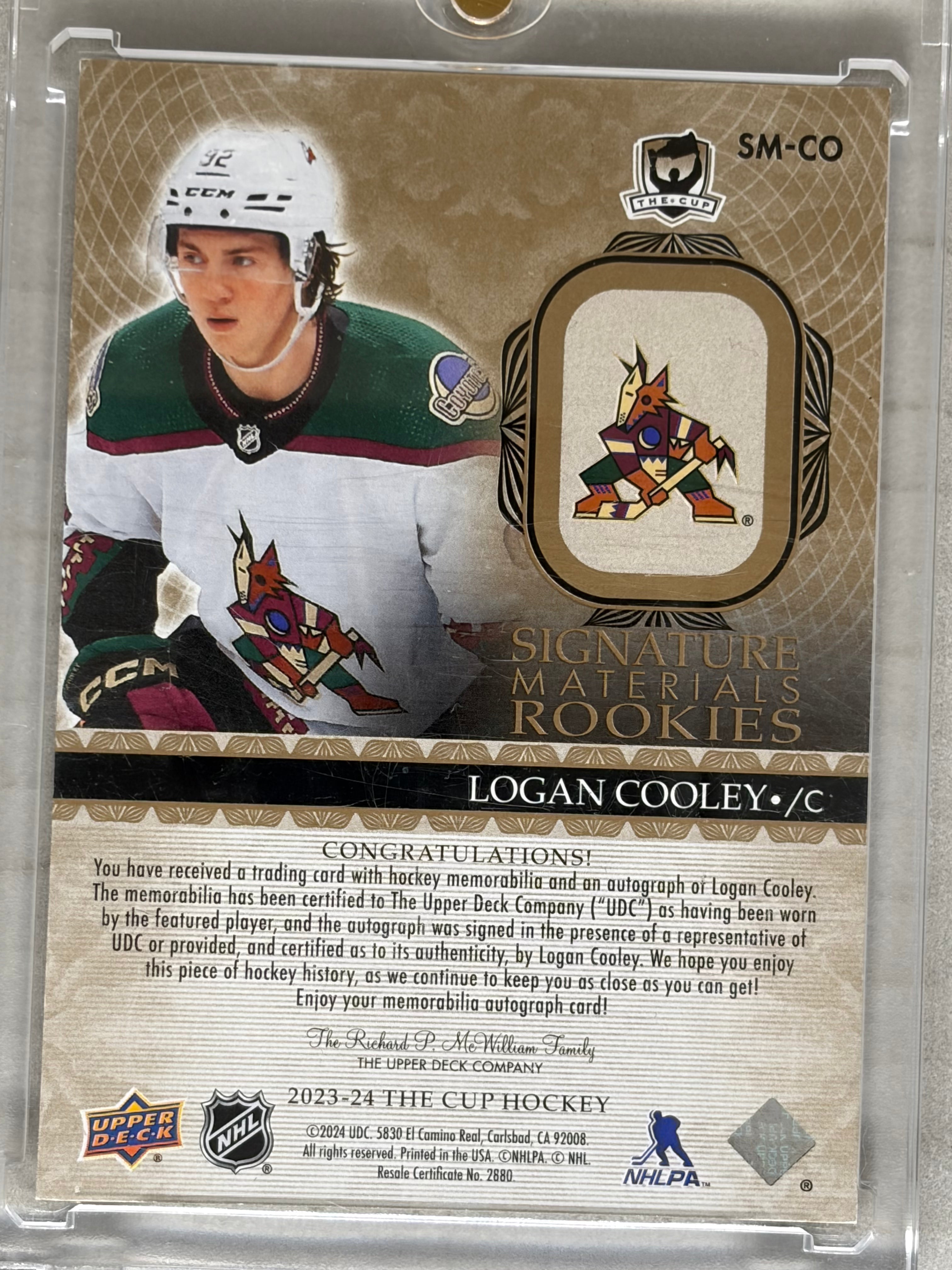 2023-24 Upper Deck The Cup Logan Cooley Signature Rookie Material Patch Auto /99