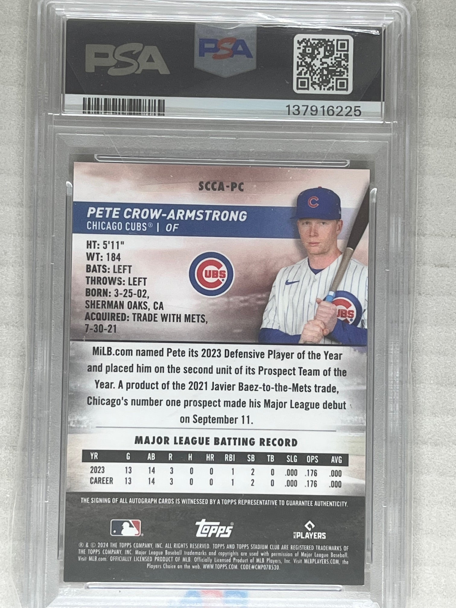 2024 Stadium Club Pete Crow-Armstrong Chrome Auto RC Red Refractor /50 PSA 9 Auto 10