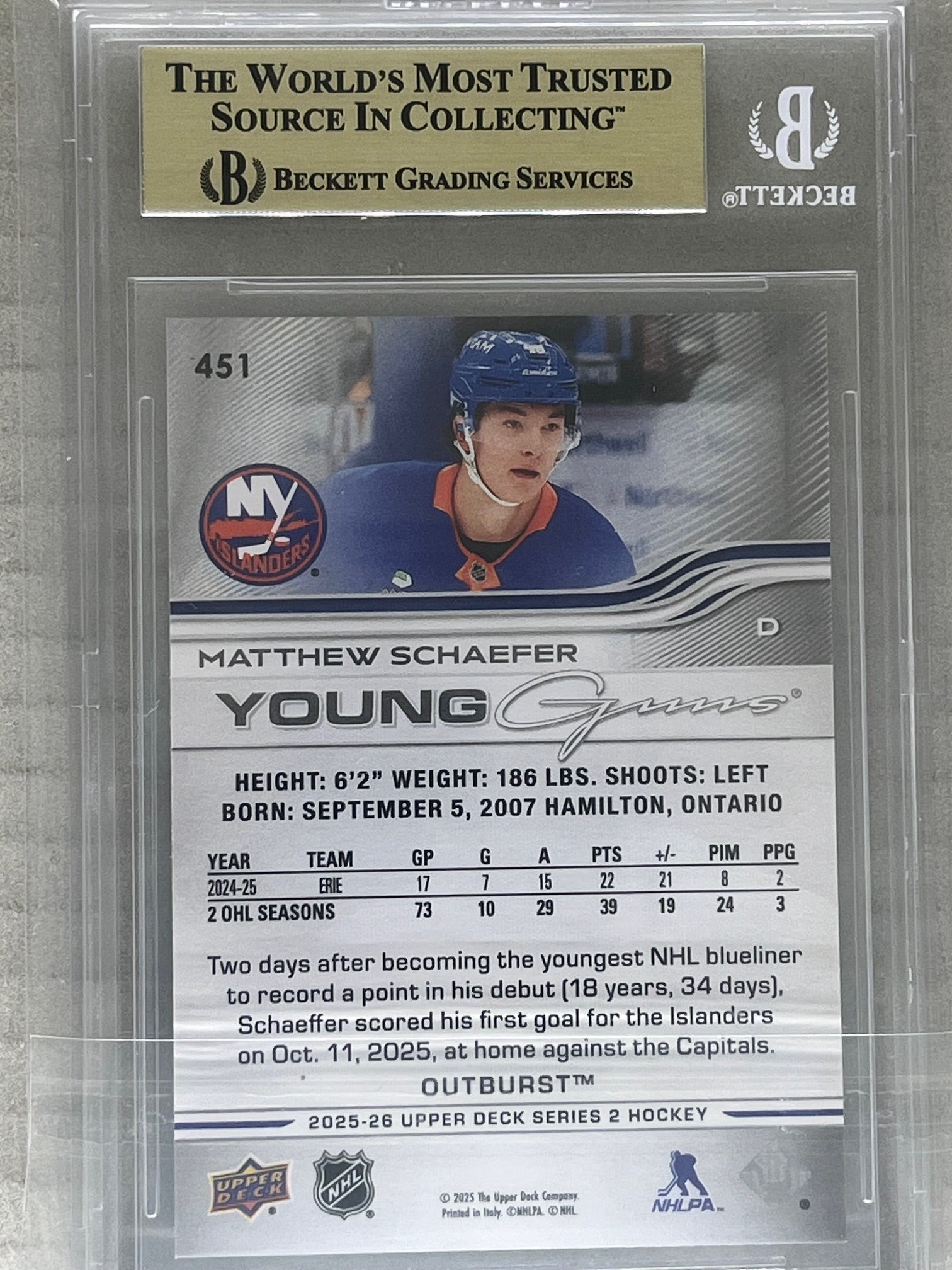 2025-26 Upper Deck Series 2 Young Guns Matthew Schaefer #451 Outburst BGS 9.5