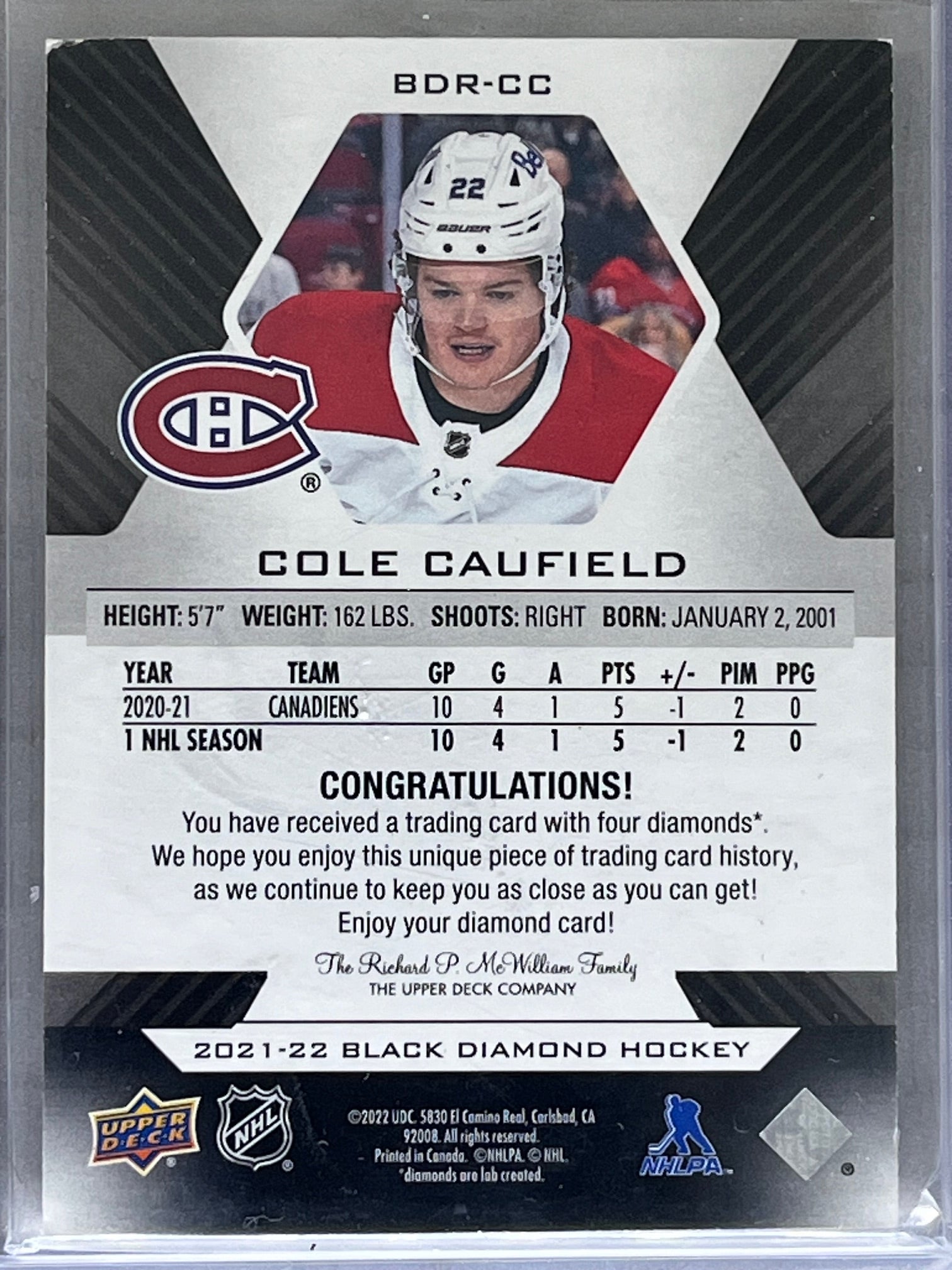 2021-22 UD Black Diamond Relic Rookies Quad Diamond Cole Caufield /49