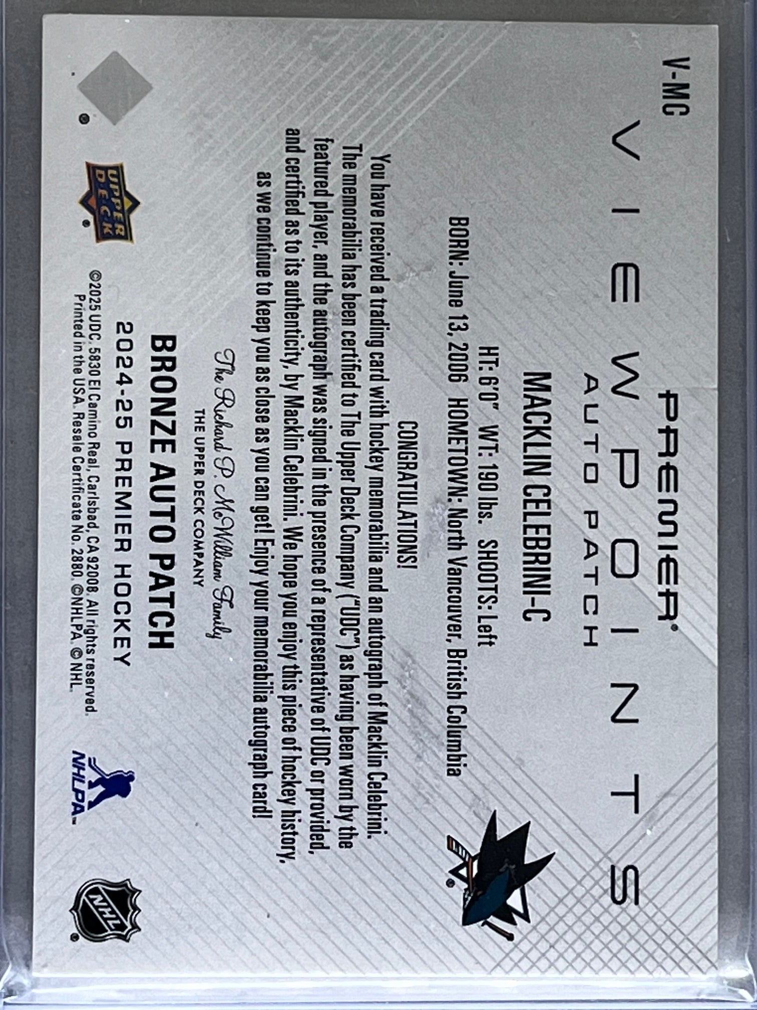 2024-25 Upper Deck Viewpoints Auto Patch Bronze RC Macklin Celebrini /99 #V-MC