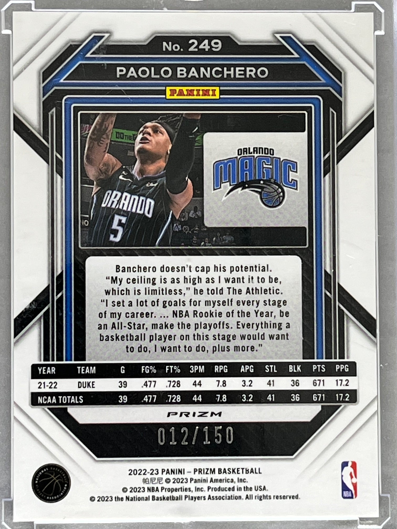 2022 Panini Prizm #249 Paolo Banchero Rookie Fast Break Blue #/150