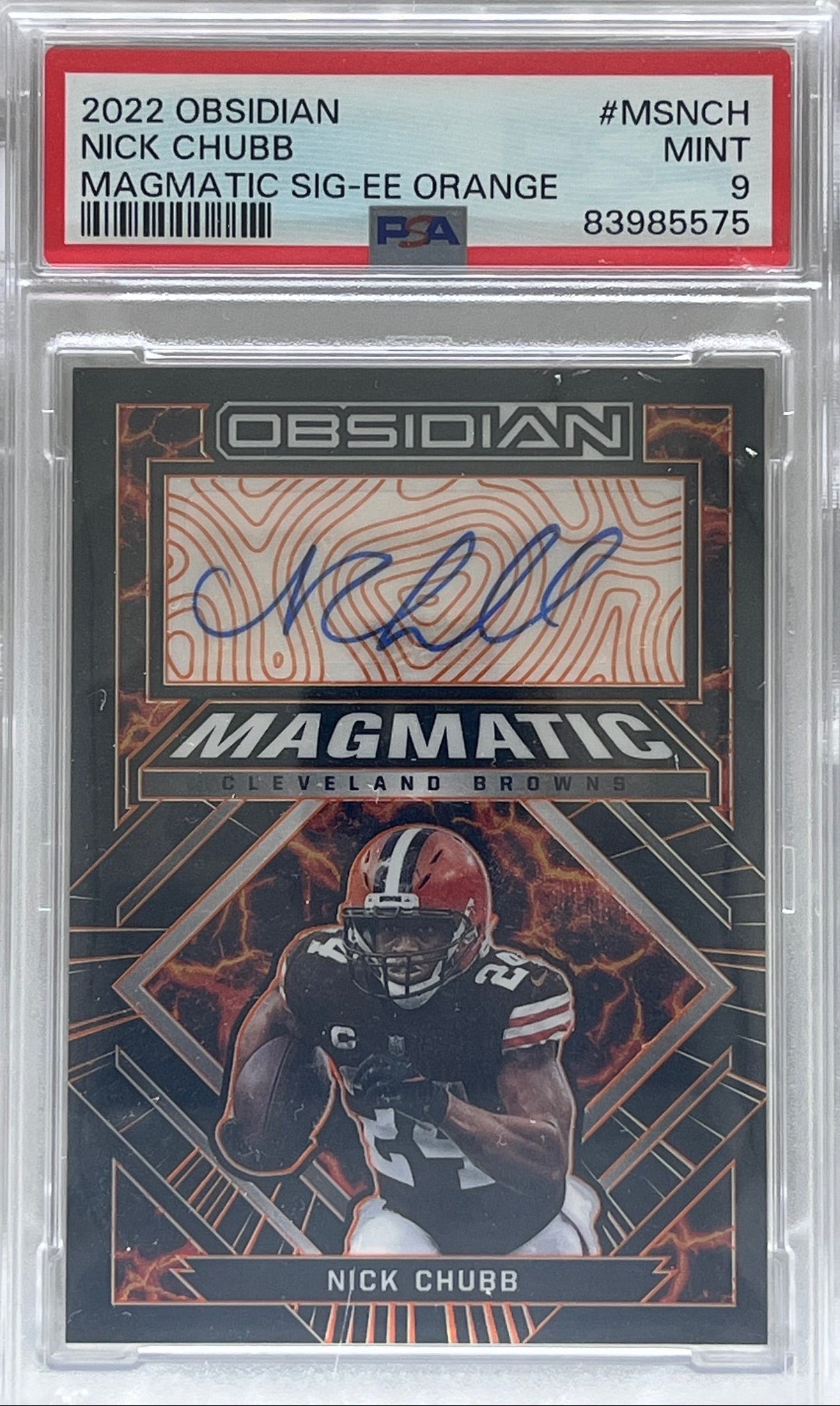 2022 Panini Obsidian Nick Chubb Magmatic Auto Electric Etch Orange /50 PSA 9