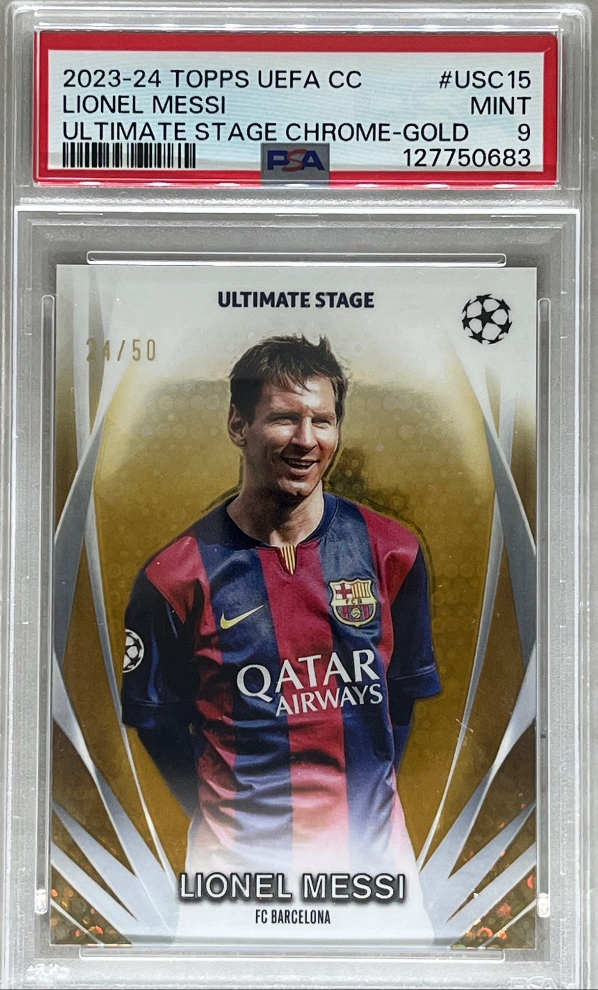 2023-24 Topps UEFA Lionel Messi Ultimate Stage Chrome Gold #/50 Barcelona PSA 9