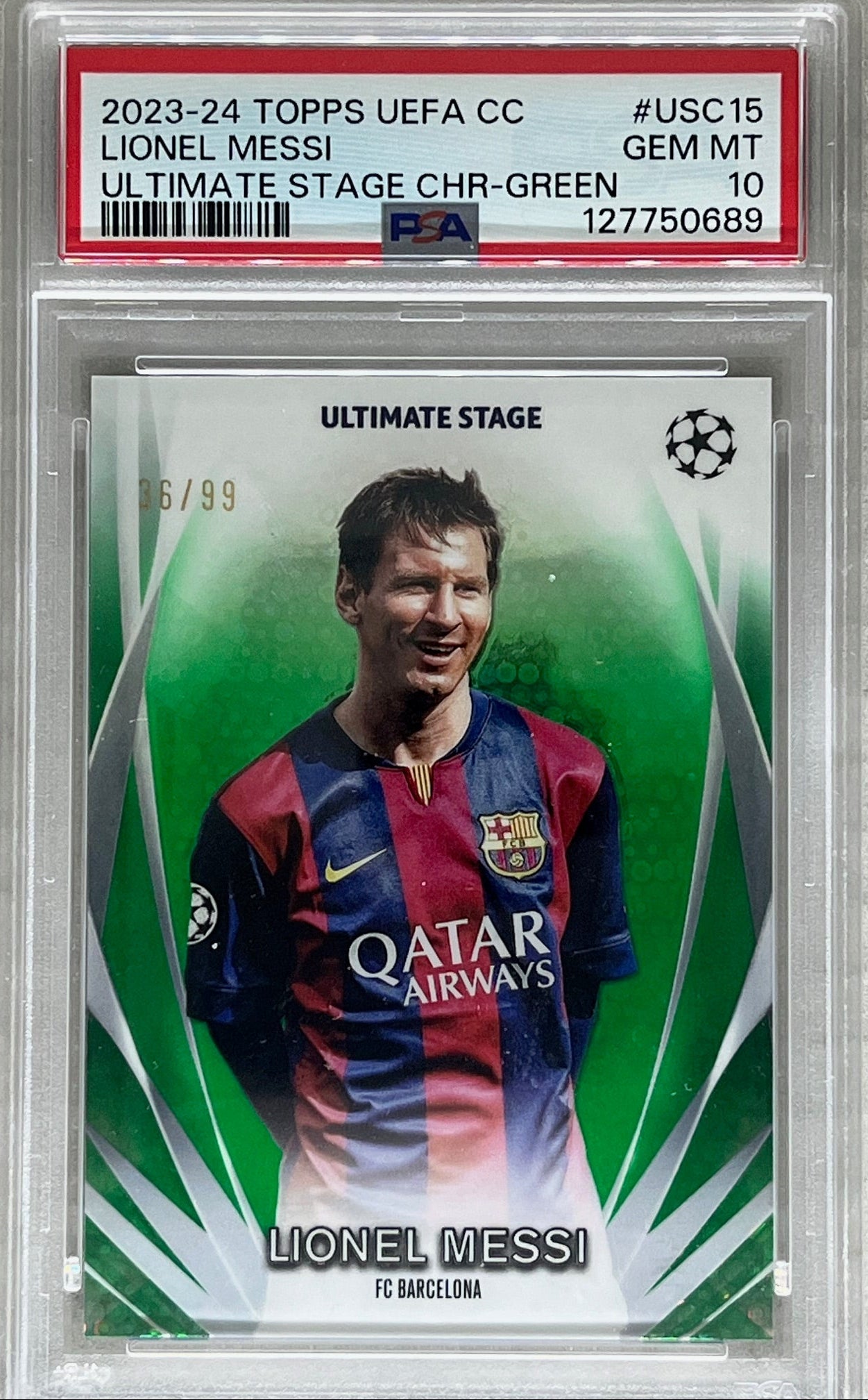 2023-2024 Topps UEFA Ultimate Stage Green Lionel Messi /99 Barcelona PSA 10